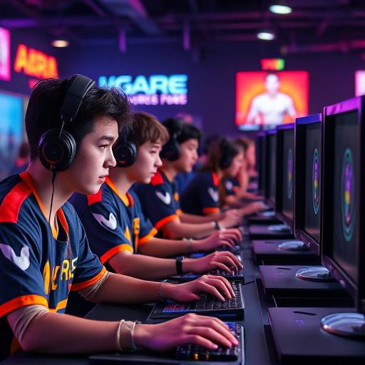eスポーツアリーナ、ゲーミングPCに向かってプレイする学生たちの様子